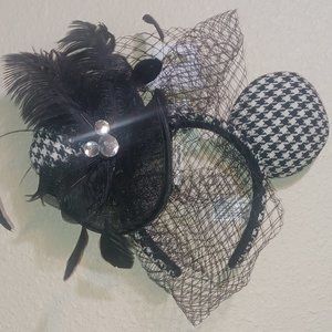 Disney Parks Houndstooth Pattern Black Feathers Net Veil Lace Jewel Minnie Ears